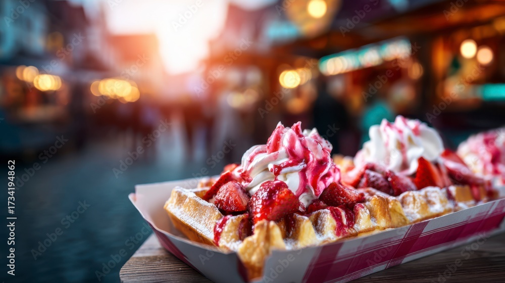 Fototapeta premium Deliciously Indulgent Waffles Topped with Fresh Strawberries, Cream, and Sweet Syrup at a Festive Marketplace During Golden Hour