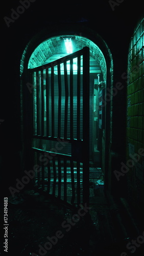 A dark tunnel with a visible gate and a distant light shining at the end of the passage.