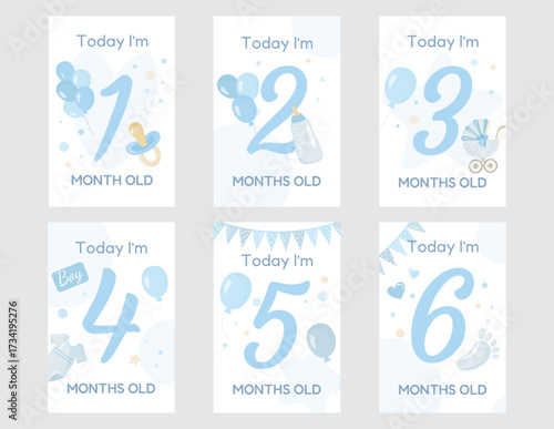Set of baby milestone cards in blue tones with numbers 1–6 months, stroller, balloons, bottle, pacifier, and cute elements. Perfect vector design for baby shower, newborn celebration, or invitation.
