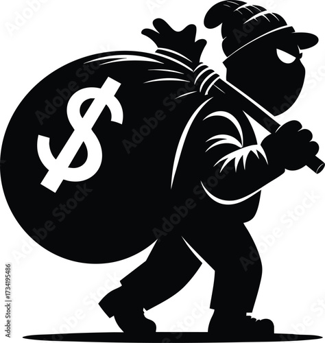 Funny Thief cartoon carrying a large sack of money vector illustration isolated on white background