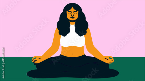 Graphic illustration of a serene woman practicing mindfulness meditation in a lotus yoga pose for mental well-being and inner peace