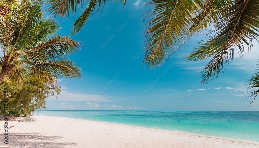 Fototapeta premium palm trees leaning over white sand beach meeting turquoise ocean under pastel sky view
