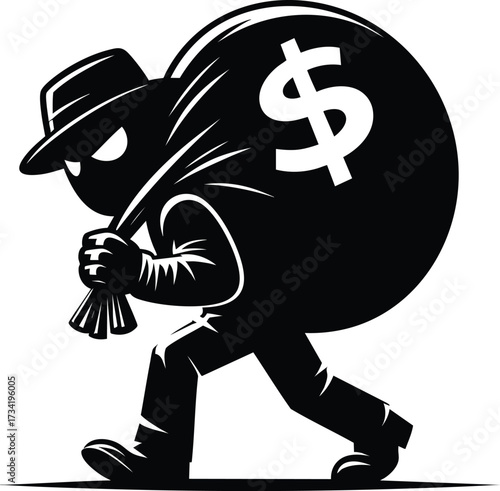 Funny Thief cartoon carrying a large sack of money vector illustration isolated on white background