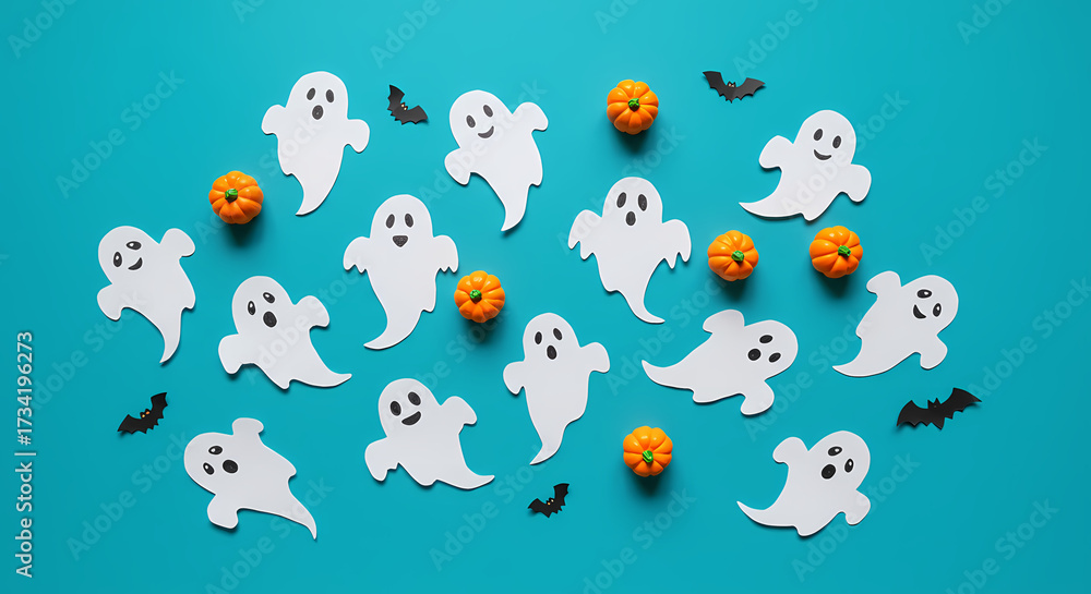 Fototapeta premium Cute Halloween Ghosts, Pumpkins, and Bats on Teal Background