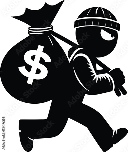 Funny Thief cartoon carrying a large sack of money vector illustration isolated on white background