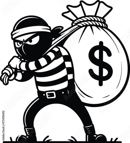 Funny Thief cartoon carrying a large sack of money vector illustration isolated on white background