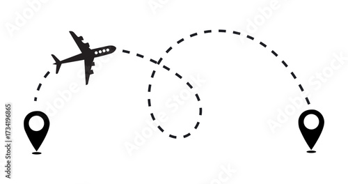 Airplane routes flight path vector with destination location pins. Airplane line path icon of airplane flight route with start point and dash dotted line trace.