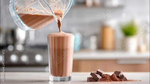 Chocolate milkshake being poured from blender into glass on kitchen counter with chocolate pieces and cocoa powder