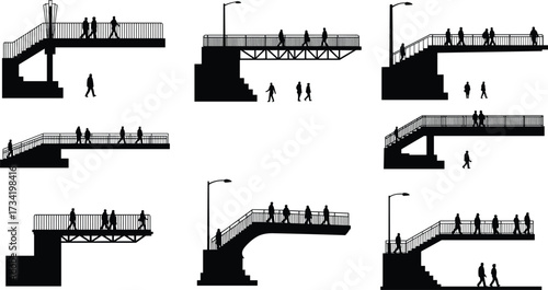 Pedestrian, overpass, silhouette, footbridge, architecture, urban, design, stairs, railing, structure, people, walking, city, infrastructure, illustration