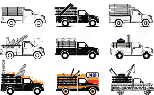 Pickup truck illustrations set, cargo transport icons, black and white utility vehicle graphics, construction and tool load designs
