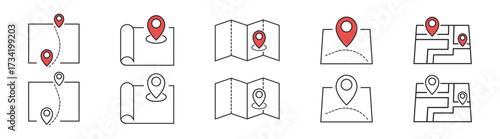 Vector map and location icons for travel and navigation. Includes road signs, trip markers, and business direction elements. Perfect for infographic design and global transportation projects.