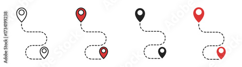 Location and map icons with pins and navigation routes. Includes journey markers, direction pointers, and global positioning system elements. Transparent background.
