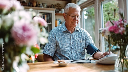 Elderly man checks blood pressure with a monitor at home, symbolizing healthcare monitoring, prevention, and senior self-care.