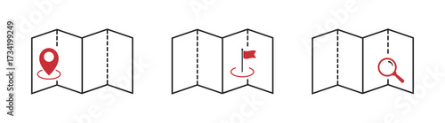 Map and icon set featuring pins, pointers, and navigation elements. Includes global positioning system, routes, destinations, and cartography symbols. Ideal for travel, tourism, geolocation projects