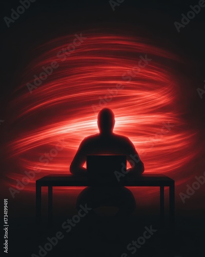 Surreal Silhouette of Individual Working at Laptop Against Dynamic Flowing Red Light Background