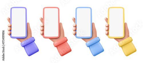 3D illustration vector render of hand holding multicolored smartphone isolated on white. Concept of mobile phone usage in daily life. For advertising, technology, online marketing, application.