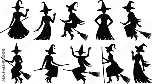 Halloween witch silhouette collection, flying broomstick, spooky character, magical costume, fantasy artwork, enchanted illustration, mystery, gothic design, scary, sorcery, festival