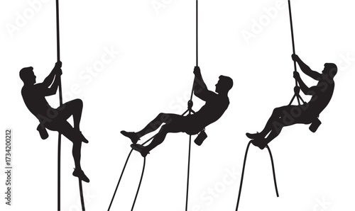 Set of man climbing rope silhouette