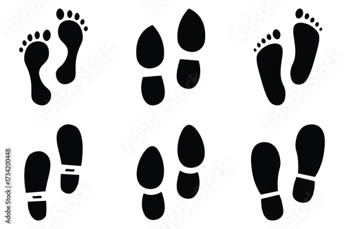 Collation of different human footprints icon set. Human footprint shoe print silhouette collection. Imprint soles shoe and foot silhouette. Male and female tracks. Vector illustration. 