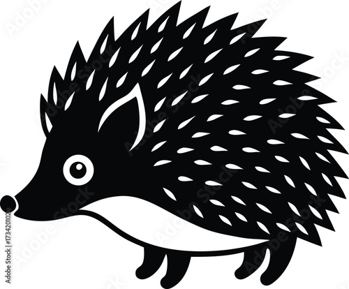 Stylized black and white illustration of a cute hedgehog with a simple design