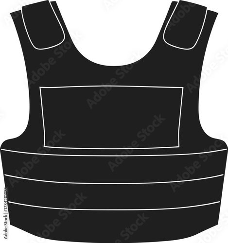 Black silhouette of a bulletproof vest with white outlines on a white background Bulletproof vest graphic