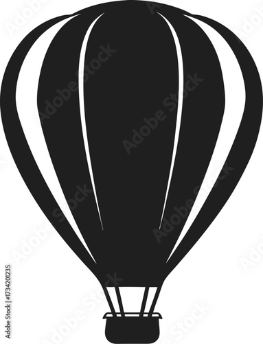Black silhouette of a hot air balloon with a basket and gondola on a white background