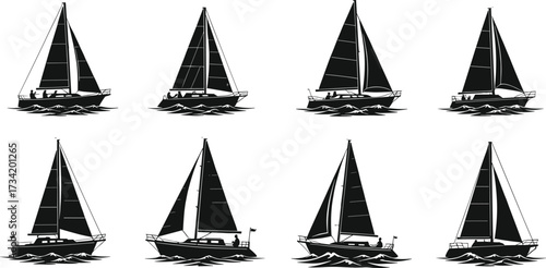 Sailboat silhouette illustrations, black and white watercraft graphics, ocean waves, nautical design, sailing vessel icons