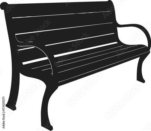 Black silhouette of a park bench with slatted seat and backrest set against a white background