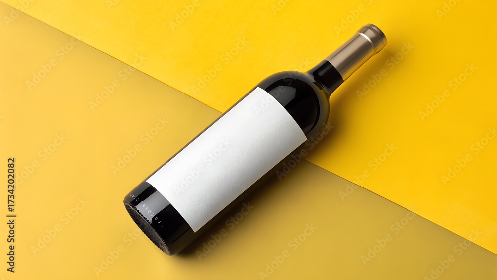 Fototapeta premium Wine Bottle Product Shot – Dark Glass Bottle with Blank White Label on Diagonal Yellow Background, Branding, Packaging, Beverage, Minimalism, Advertising