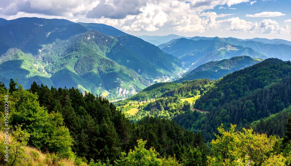 Fototapeta premium Mountain vista with lush forests and valleys