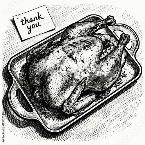 Appetizing freshly cooked turkey and a note with the inscription "Thank you". Minimalist vector art for Thanksgiving Day, gratitude theme.

