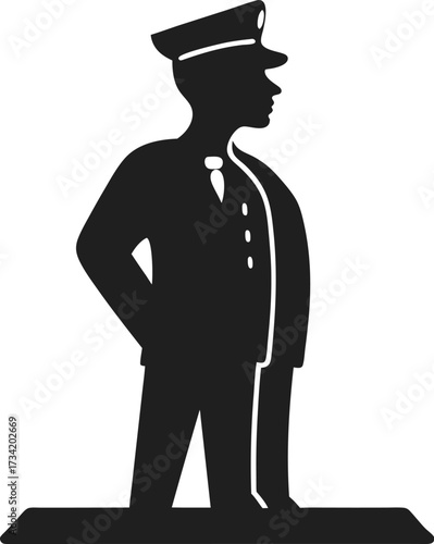 Silhouette of a uniformed man in a hat and suit with one hand in his pocket