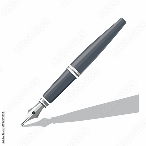 Illustration of a gray fountain pen with a silver nib and trim, casting a shadow on a white background.