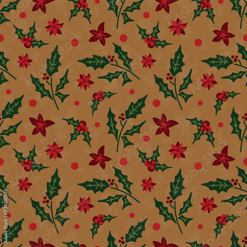 Seamless realistic drawings. Christmas plants, berries on a wallpaper background. For packaging.