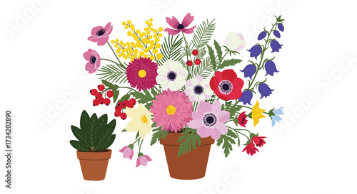 A vibrant still life featuring a collection of colorful wildflowers and a small potted succulent.