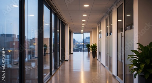 Modern Empty Office Hallway Interior with Windows and Potted Plants