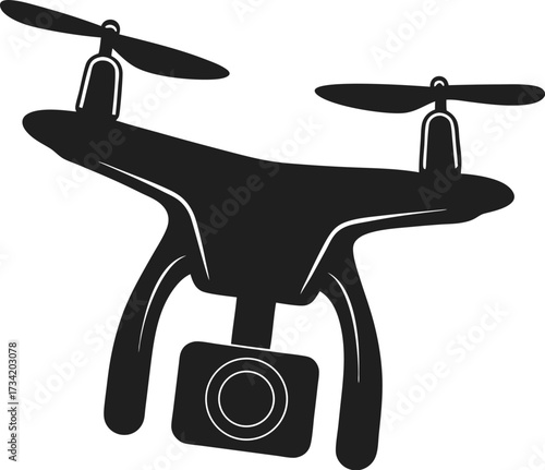 Black silhouette of a quadcopter drone with camera isolated on white Technology