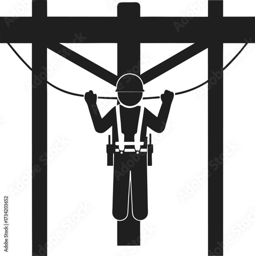 Silhouette of a lineman climbing power poles and working with high voltage wires