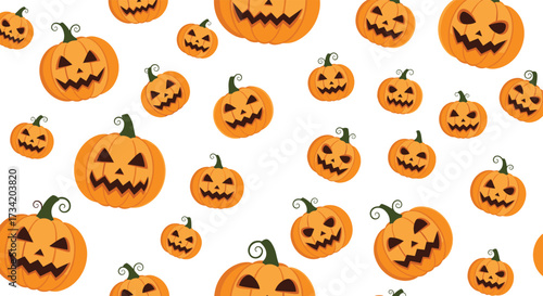A festive pattern of carved pumpkins adorning a white background for Halloween celebrations.
