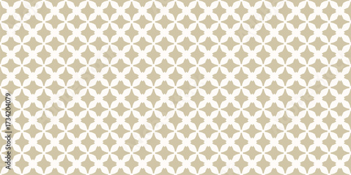 Geometric seamless pattern. Abstract vector gold and white ornament texture with cross shapes, tiles, grid, lattice. Simple elegant background with medieval motifs. Repeat luxury design for decor