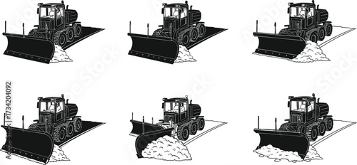 Snowplow vehicle illustrations, black and white winter road graphics, snow clearing scenes, blade motion, transport icons
