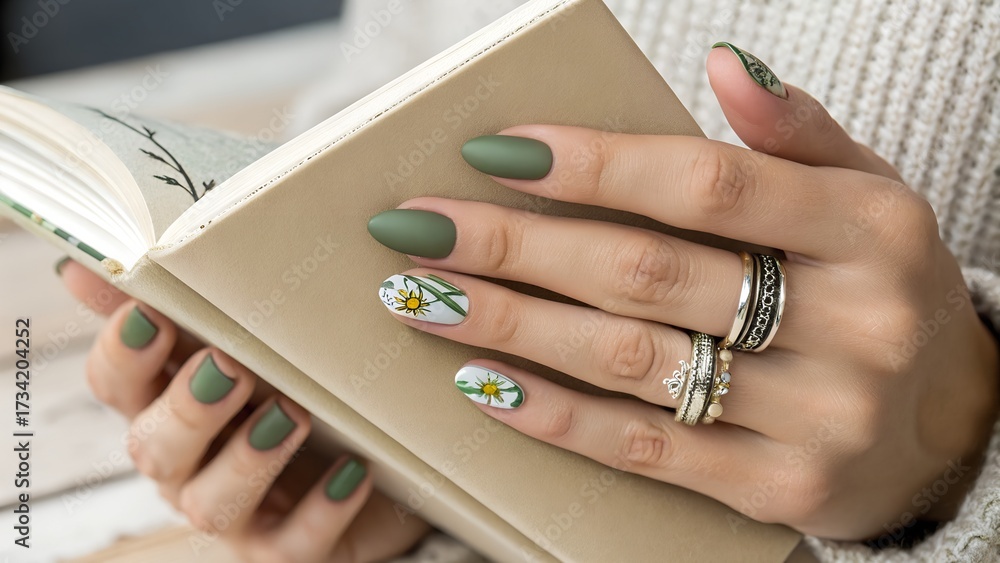 Obraz premium Floral Nail Art – Matte Green Fingernails with Silver Rings and Open Book, Conceptual, Abstract, Fashion, Lifestyle, Beauty, Accessories