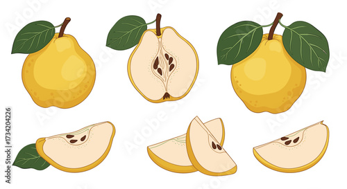 A collection of juicy yellow pears shown whole and sliced with green leaves attached.
