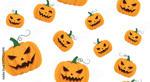 A spooky and festive collection of carved pumpkins with grinning faces adorns this holiday design.