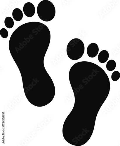 Two black human footprints with five toes each are depicted on a white background