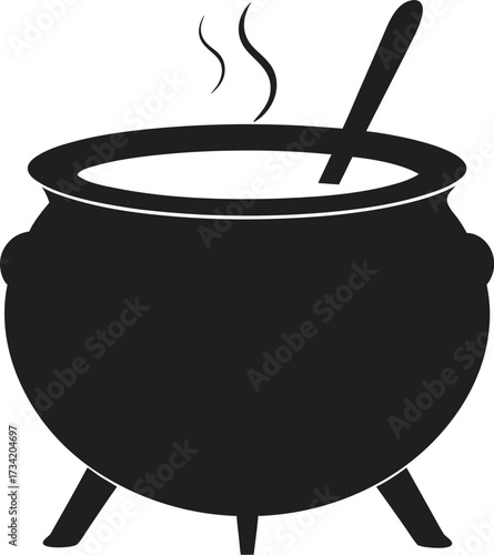 Black silhouette of a cauldron with steam rising and a spoon inside pot