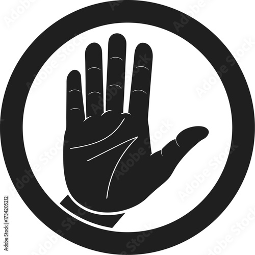 Black silhouette of a raised open hand within a circular border Stop Symbol