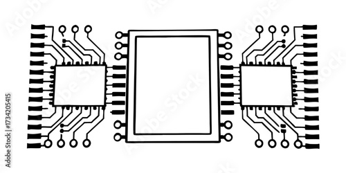 Illustration of three integrated circuits with multiple pins and connecting traces arranged symmetrically on transparent background