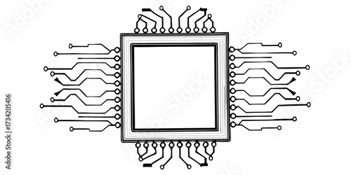 Illustration of a computer chip with connections displayed in a black and white color scheme design on transparent background