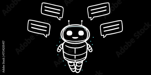 Cartoon robot surrounded by speech bubbles on a black background in a simple line drawing style on transparent background